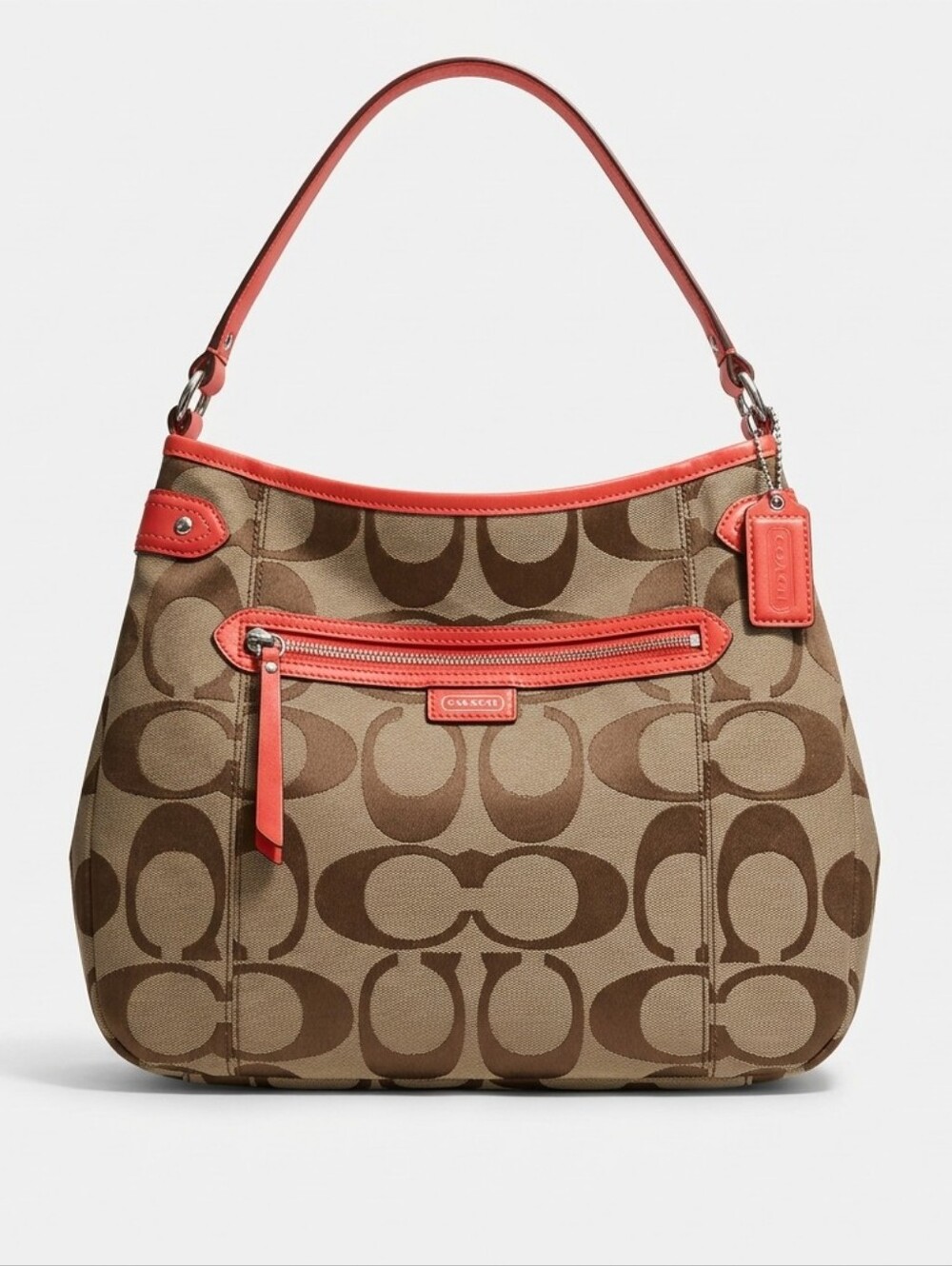 Coach Khaki Daisy Signature Hobo Bag with Coral Leather Trim